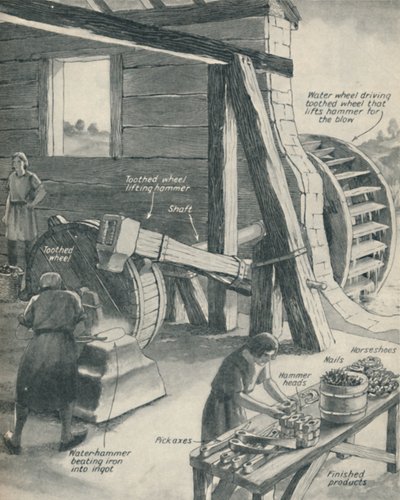 Werk in een ijzergieterij en smederij tijdens de middeleeuwen, ca. 1934 door Unbekannt