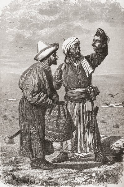 Een Afghaanse soldaat die het afgehakte hoofd van zijn vijand vasthoudt, illustratie uit 