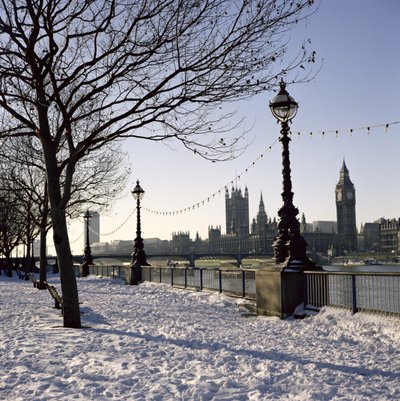Big Ben, Westminster Abbey en Houses of Parliament in de sneeuw door Unbekannt Unbekannt