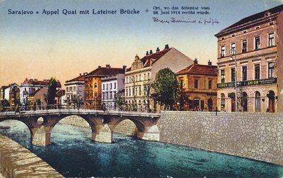 Ansichtkaart met Sarajevo, de Appel Quay en de Lateiner Brug, plaats van de moord op Aartshertog Franz-Ferdinand en zijn vrouw Sophie op 28 juni 1914, ca. 1920 door Unbekannt Unbekannt