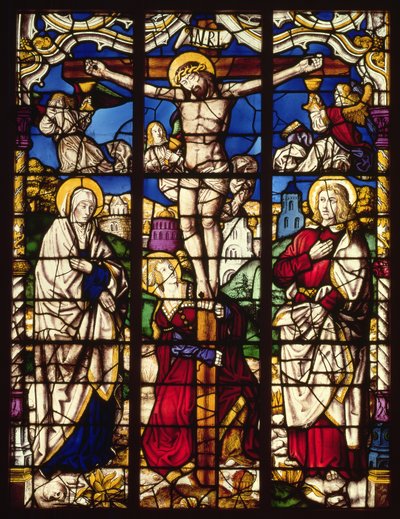 De Kruisiging, glas-in-loodraam, waarschijnlijk van de Abdij van Altenberg, nabij Keulen, mogelijk ontworpen door de Schilder bekend als de Meester van de Heilige Verwanten, ca. 1500 door Unbekannt Unbekannt