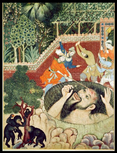 Zumrud Shah valt in een put en wordt geslagen door tuiniers, uit de Hamzanama (Boek van Hamza), uit India of Pakistan, ca. 1562-77 door Unbekannt Unbekannt