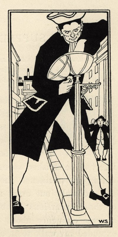 Een reus, gebracht door de baron van Munchausen van het Kaaseiland in Engeland, steekt de straatlantaarns aan zonder ladder. Illustratie door William Strang (1859-1921) en JB Clark uit 