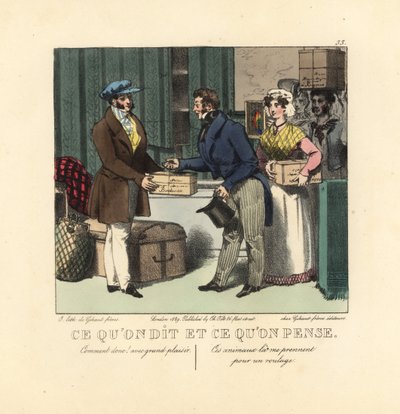 Een rij mensen die dozen en kratten naar een drager brengen. Hij zegt, Natuurlijk, met plezier. Hij denkt, Deze dieren zien me aan voor een transportband! Handgekleurde lithografie door de gebroeders Gihaut naar een illustratie van de Zwitserse kunstenaar  door Unbekannter Künstler