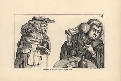 Een dikke rijke dominee met tabakspijp en drank negeert de smeekbeden van een arme oude vrouw. Gravure door Thomas Sanders naar een satirische illustratie van Timothy Bobbin (John Collier) uit Human Passions Delineated, John Haywood door Unbekannter Künstler