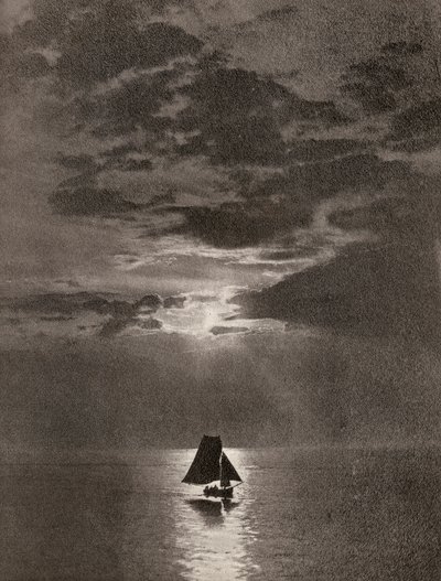 Een stuk maanverlichte oceaan met een zeilboot door Unbekannter Künstler