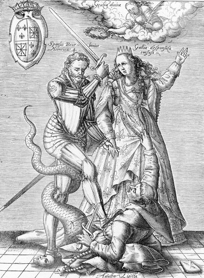 Allegorie van de dood van de Katholieke Liga voorgesteld als een monnik met het lichaam van een slang gedood door koning van Frankrijk Hendrik IV en Frankrijk. Eind 19e eeuw (gravure uit "Museum-Criminal" door Henri Varennes en Edgar Troimaux) door Unbekannter Künstler