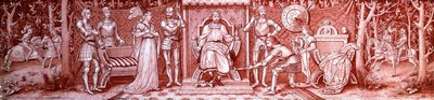 Een Arts & Crafts glazen drieluik, geschilderd met middeleeuwse ridders aan het hof van Karel de Grote door Unbekannt