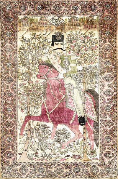 Een antiek zijden Kashan "mochtasham" picturaal tapijt, met de gemonteerde figuur van Naser al-Din Shah door Unbekannt