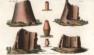 Oude Vikingmonumenten uit een Duitse provincie dicht bij Scandinavië, en enkele urnen uit Deense en Zweedse graven. Handgekleurde kopergravure door Giarre en Stanghi uit Giulio Ferrario