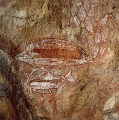Australië, Noordelijk Territorium, Arnhem Land, Kakadu Nationaal Park, Nourlangie Rock, Aboriginal rotsschilderingen door Benjamin Baud