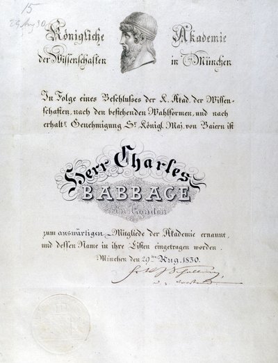 Babbage Ere-diploma toegekend aan Charles Babbage door Unbekannt
