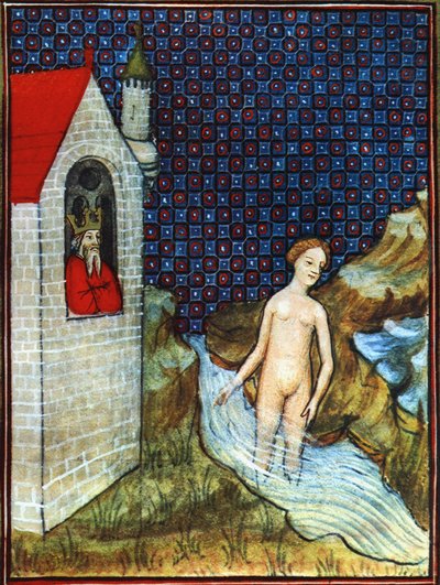 Bathseba naar een miniatuur van de Bijbel van de Zintuigen uit de 14e eeuw door Unbekannter Künstler
