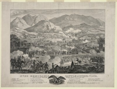 Slag bij Buena Vista ook bekend als Slag bij Angostura, troepen van generaal Zachary Taylor dwingen generaal Antonio Lopez de Santa Anna