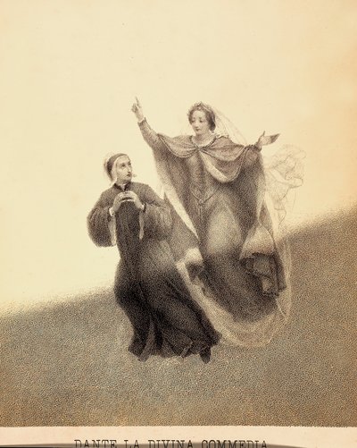 Beatrice, wijzend naar boven met haar wijsvinger, leidt Dante door het firmament van Paradiso. Hun lichamen worden verlicht door een lichtstraal. Illustratie van Canto I van Paradiso van De Goddelijke Komedie van Dante Alighieri. Werk van Francesco Scaramu door Unbekannter Künstler