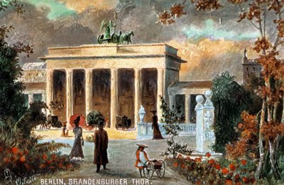 Berlijn - Brandenburger Tor. Uitzicht op de Brandenburger Poort, met bloemen en voorbijgangers, eind 19e/begin 20e eeuw door Unbekannter Künstler