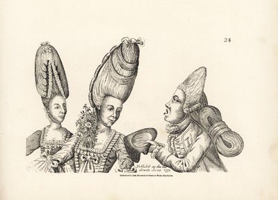 Karikatuur van de mode van de late 18e eeuw: vrouwen met hoge pruiken en een tuin van bloemen in haar boezem, en macaroni met een hoge pruik en een extravagante massa haar vastgebonden aan de achterkant. Gravure naar een satirische illustratie van Timothy  door Unbekannter Künstler