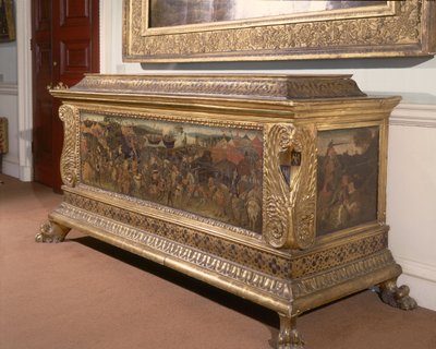 Cassone, met geschilderde panelen die de Slag bij Pharsalia uit de geschiedenis van Pompeius en Caesar uitbeelden, Florentijnse School door Unbekannt