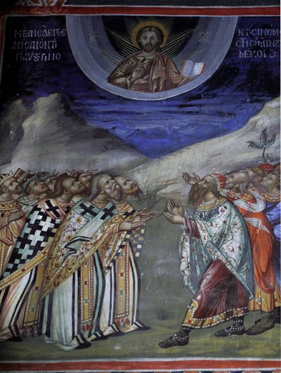 Christus in glorie die de tijdelijke en spirituele krachten beheerst Byzantijnse fresco uit het Agios Ioannis Lampadistis klooster, Sint-Johannes Lampadistis 11e eeuw Cyprus Geschilderde kerken UNESCO-site Troodos, Cyprus door William M. Timlin