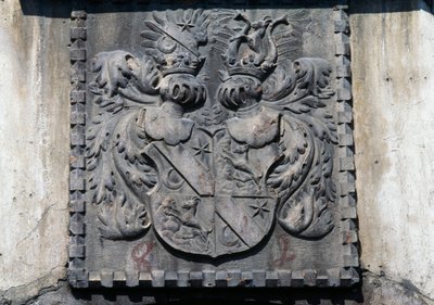 Wapenschild op houten deur van huis in Lavis, Trento, Trentino-Zuid-Tirol, Italië door Benjamin Baud