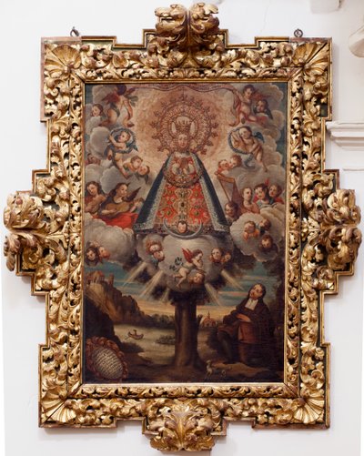Collegiale kerk. Interieur. Schilderij. (Nuestra Señora de la Esperanza). Tekst in een medaillon: “RETRA TOD LA MIL CROSA Imajen DNUESTRA S DL Esperanza A Parecida A Fernando de ZILLLa Fańa iezi rodela Villa Riue mde el Tajo ter mi?to esta villa”. Gesignee door Unbekannt