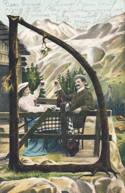 D : Een man en een vrouw zitten aan een tafel voor een berghut en proosten met een glas wijn - Alphabet personages Ref Th. E., L. Theochrom - Serie 994. Theodor Eisman, uitgever, Leipzig door Unbekannt