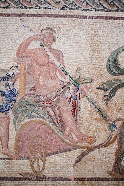 Detail van De Triomf van Dionysos - Terugkeer van de god van een militaire expeditie naar India - Dionysos zittend op een wagen getrokken door twee panters - Paphos mozaïeken, Huis van Dionysos, Eind 2e eeuw na Christus - Eind 2e eeuw na Christus - Cyprus  door William M. Timlin