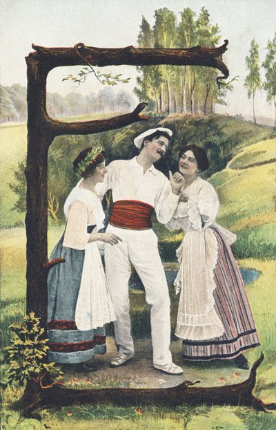 E : Een man in wit en rood staat tussen twee vrouwen in rok, lijfje en schort. Landelijke omgeving - Alphabet personages Ref Th. E., L. Theochrom - Serie 994. Theodor Eisman, uitgever, Leipzig door Unbekannt