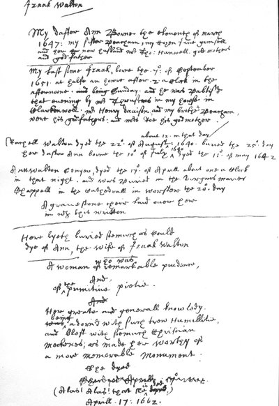 Inschrijvingen door Izaak Walton op zijn exemplaar van het Book of Common Prayer, na 1662 door Unbekannt