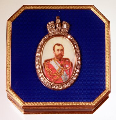 Faberge blauwe email doos, met portret van Tsaar Nicolaas II door Unbekannt