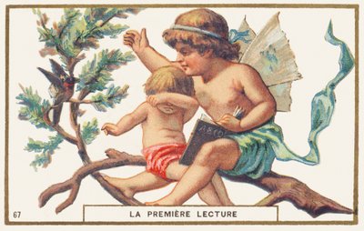 Eerste lezing, witte achtergrond. Reclamechromolithografie die twee kinderen op een tak afbeeldt. De grootste, met vleugels op de rug (een engel?) houdt een abecedarium open in één hand; met zijn andere hand wil hij een vogel verjagen die de lezing stoort door Unbekannter Künstler