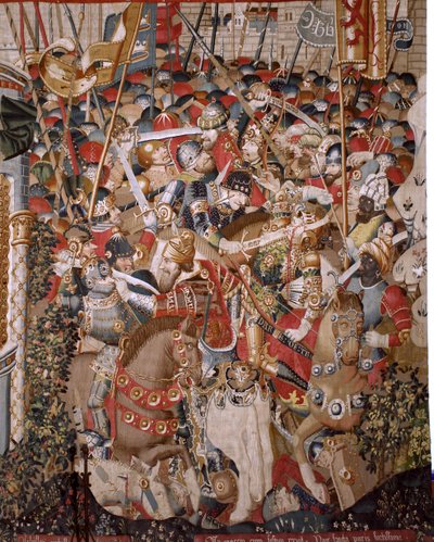 Vlaamse wandtapijt. Serie De Trojaanse Oorlog. De dood van Achilles. Achtste wandtapijt in de serie. Model Coëtivy Meester (Henry of Conrard de Vulcop). Fabriek Tournai werkplaatsen. Ca 1470. Stof Wol en zijde, 6/7 schering per cm. Afmeting 482 x 942 cm door Unbekannt
