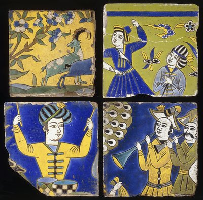Vier Saffavid cuerda seca tegels, met afbeeldingen van twee steenbokken, en de figuren van muzikanten en dansers, ca. 1600 door Unbekannt