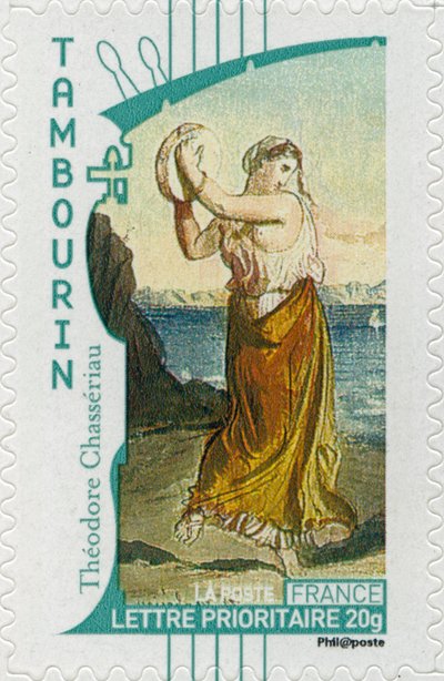 Franse postzegel met een zigeunervrouw die de tamboerijn bespeelt, naar een schilderij van de Franse kunstenaar Théodore Chassériau door Unbekannt