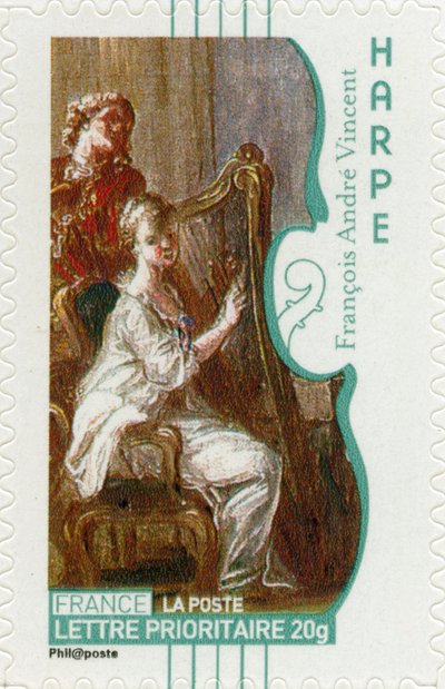 Franse postzegel met een vrouw die harp speelt, naar een schilderij van de Franse kunstenaar François-André Vincent door Unbekannt