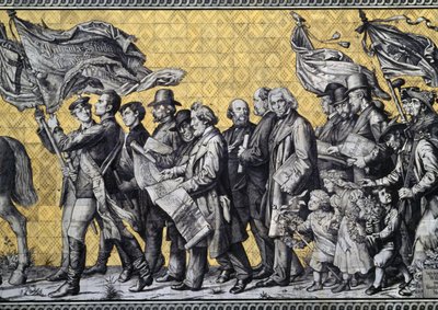 Furstenzug, of Processie van Prinsen, in Augustusstrasse, gemaakt van 25.000 Meissen tegels, detail, Dresden, Saksen, Duitsland door Benjamin Baud