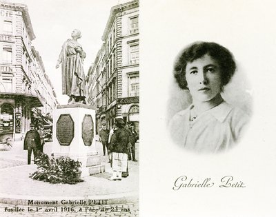 Gabrielle Petit en het monument ter ere van haar in Brussel, herdenkingskaarten, ca. 1925 (litho) door Unbekannter Künstler