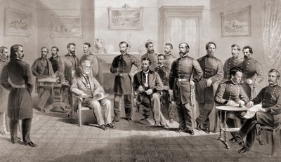 Generaal Ulysses S. Grant (zittend midden rechts) en Generaal Robert E. Lee (zittend midden links) met hun respectieve staf bij het Appomattox Courthouse, Virginia waar Generaal Lee het leger van Noord-Virginia overgaf en daarmee de Amerikaanse Burgeroorlo door Unbekannt