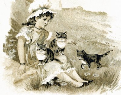 Meisje keert terug met katten op haar schoot. Ansichtkaart rond 1900. Chromolithografie door Unbekannt