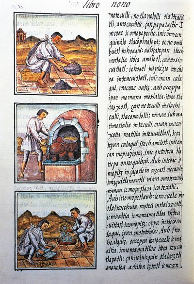 Goudverwerking door Spanjaarden, tekst in Nahuatl, uit facsimile van manuscript Algemene Geschiedenis van de Dingen van Nieuw-Spanje, ook bekend als Florentijnse Codex, door Bernardino de Sahagun door Benjamin Baud