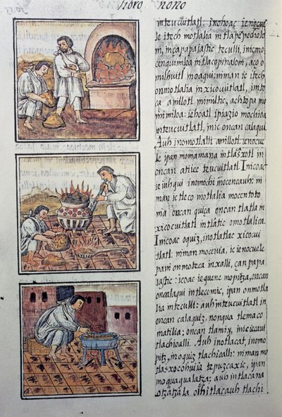 Goudproductie door de Spanjaarden, pagina uit de Florentijnse Codex, tweetalige versie in Spaans en Nahuatl, Algemene Geschiedenis van de Dingen van Nieuw-Spanje, door de Spaanse missionaris Fray Bernardino de Sahagun. Azteekse beschaving door William M. Timlin