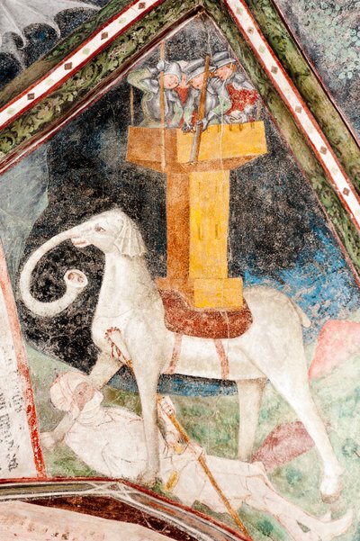 Gotische fresco; Eleazar Awaran doodt de oorlogsolifant Soliman en wordt verpletterd; 3. klooster; kathedraal; Brixen; Zuid-Tirol; Italië; Europa door Unbekannt