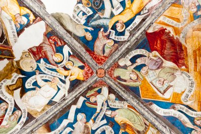 Gotische fresco; lofprijzing van de deugd; afkeuring van ondeugd; met schrift; 10. klooster; kathedraal; Brixen; Zuid-Tirol; Italië; Europa door Unbekannt