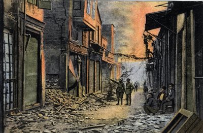 Griekenland, Saloniki (of Thessaloniki): uitzicht op Tunsky Street gedeeltelijk verwoest, waarschijnlijk na de brand van 1917 - Ansichtkaart 1914-1918 door William M. Timlin