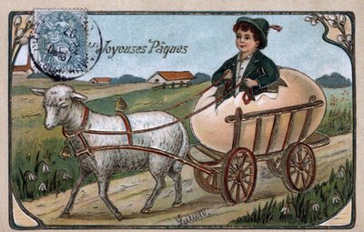 Wenskaart voor Pasen: een kind dat uit een ei komt rijdt een kar getrokken door een lam - Ansichtkaart gedateerd 1907 door William M. Timlin
