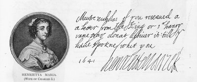 Handschrift en handtekening van Koningin Henrietta Maria door Unbekannt