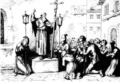 Geschiedenis van het oude Rome. Een monnik preekt voor de mensen op een plein in Rome. Bartolomeo Pinelli gravure XIX eeuw door Unbekannt