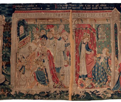 Geschiedenis van Sint Piat en Sint Eleuthère, ook wel tapijt van Arras genoemd. Besteld door kanunnik Toussaint Prier, kapelaan van de hertog van Bourgondië, eind 14e-begin 15e eeuw. Detail door Alec Hunter