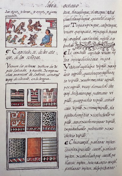 Huipil, vrouwelijk kledingstuk gedragen door adel met geborduurde blouses, Boek VIII van de Florentijnse Codex, Algemene Geschiedenis van de Dingen van Nieuw-Spanje door William M. Timlin