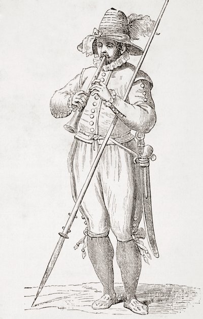 Italiaanse boer die dulzaina speelt, naar een 16e-eeuws werk van Cesare Vecellio, uit 